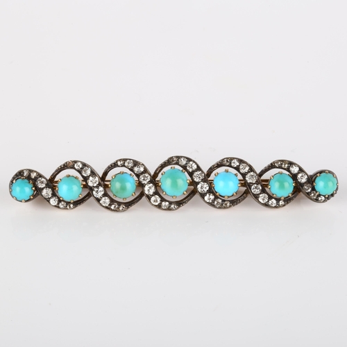 112 - A Victorian turquoise and diamond double helix brooch, unmarked gold and silver settings with round ... 