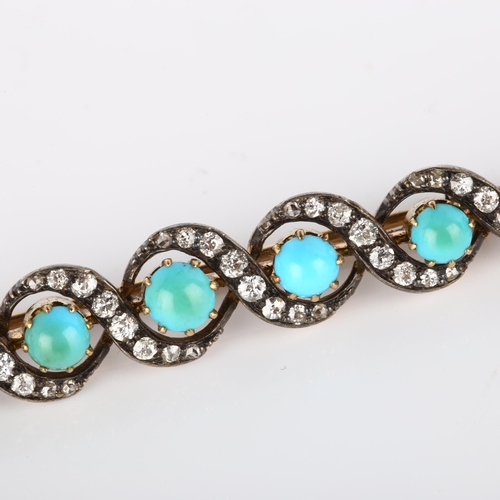 112 - A Victorian turquoise and diamond double helix brooch, unmarked gold and silver settings with round ... 