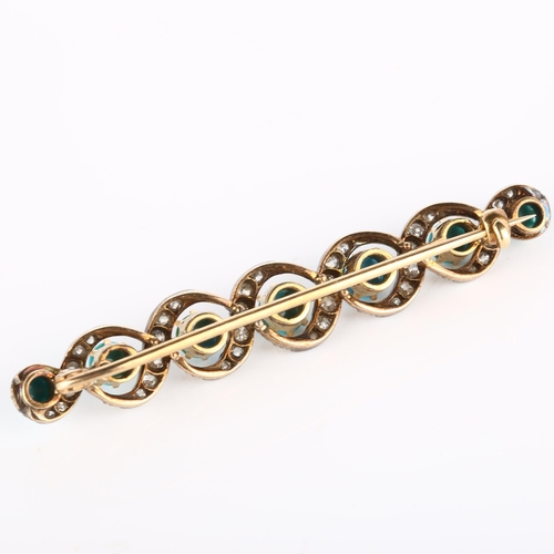 112 - A Victorian turquoise and diamond double helix brooch, unmarked gold and silver settings with round ... 