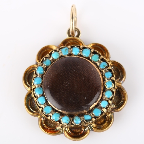 113 - A Victorian turquoise memorial locket pendant, unmarked gold settings with vacant central panel unde... 