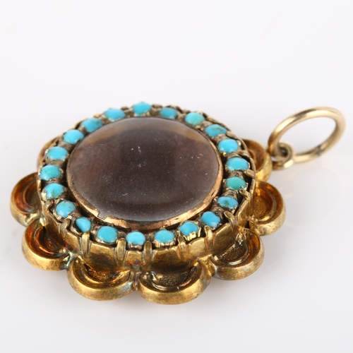 113 - A Victorian turquoise memorial locket pendant, unmarked gold settings with vacant central panel unde... 