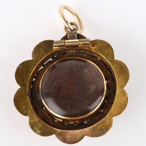 113 - A Victorian turquoise memorial locket pendant, unmarked gold settings with vacant central panel unde... 