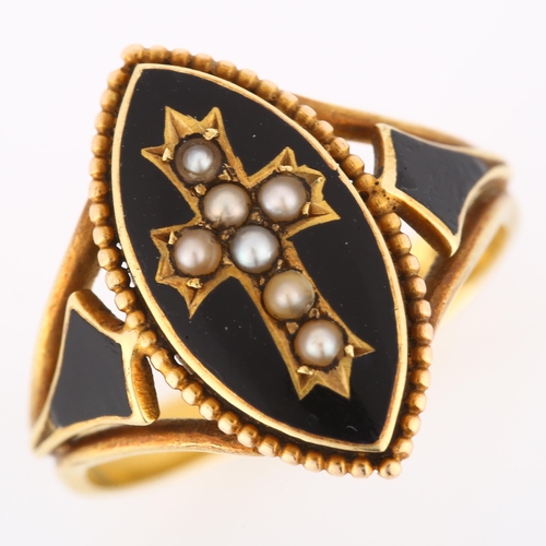 115 - A 19th century 15ct gold black enamel and split pearl mourning ring, central marquise panel with pea... 