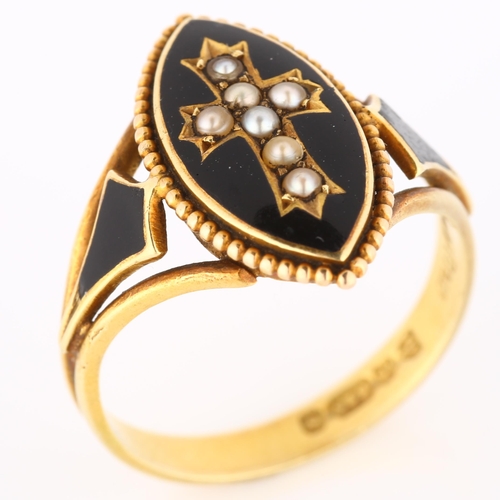 115 - A 19th century 15ct gold black enamel and split pearl mourning ring, central marquise panel with pea... 