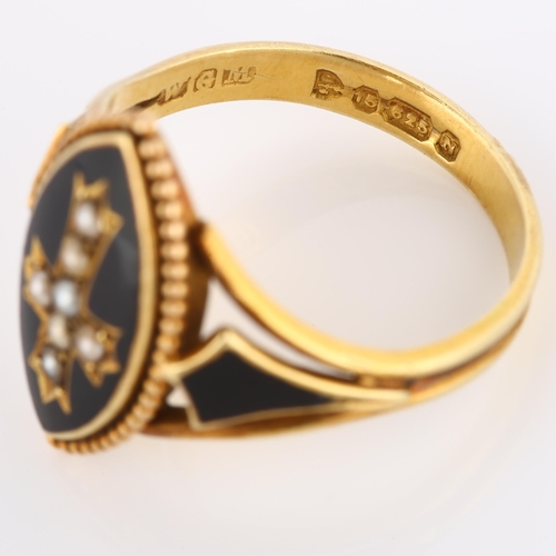 115 - A 19th century 15ct gold black enamel and split pearl mourning ring, central marquise panel with pea... 