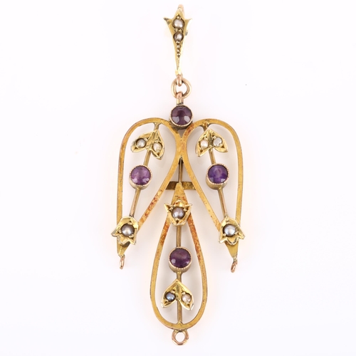 116 - An Edwardian 9ct gold amethyst and pearl angel openwork pendant, set with round-cut amethyst and spl... 