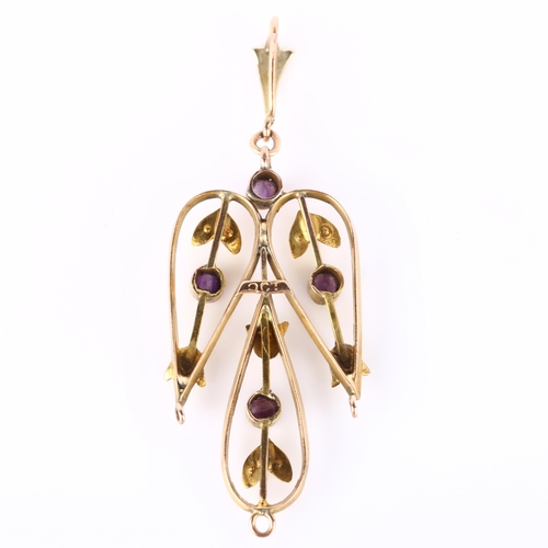 116 - An Edwardian 9ct gold amethyst and pearl angel openwork pendant, set with round-cut amethyst and spl... 