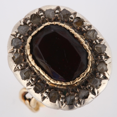 122 - A Georgian garnet and diamond cluster ring, unmarked rose gold closed-back settings test as 15ct, se... 