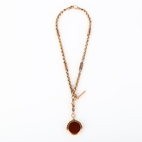 135 - An Antique 9ct rose gold fancy link Albert chain necklace, with 9ct hardstone swivel fob, T-bar and ... 