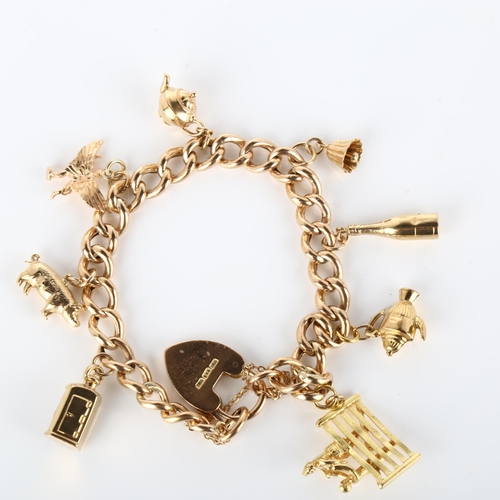 136 - A mid-20th century 9ct gold hollow curb link charm bracelet, with 8 gold charms and heart padlock cl... 