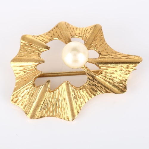 141 - A mid-20th century 9ct gold cultured pearl abstract brooch, with textured settings, maker's marks EF... 