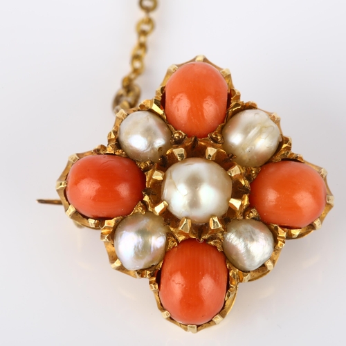 142 - A 19th century coral and pearl brooch, unmarked gold quatrefoil settings, brooch length 22.1mm, 7g