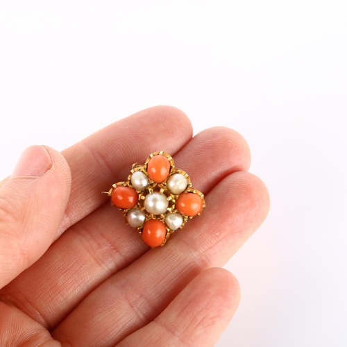 142 - A 19th century coral and pearl brooch, unmarked gold quatrefoil settings, brooch length 22.1mm, 7g