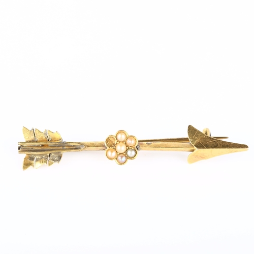 143 - A Victorian 15ct gold split pearl arrow brooch, brooch length 50.9mm, 2.8g