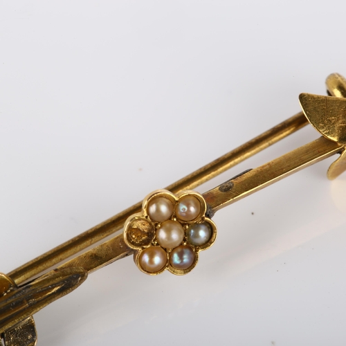 143 - A Victorian 15ct gold split pearl arrow brooch, brooch length 50.9mm, 2.8g