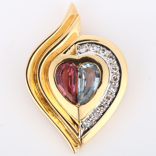 145 - A modern aquamarine pink tourmaline and diamond heart pendant, unmarked gold settings, pendant heigh... 