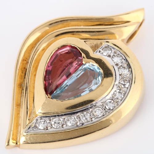 145 - A modern aquamarine pink tourmaline and diamond heart pendant, unmarked gold settings, pendant heigh... 