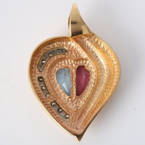 145 - A modern aquamarine pink tourmaline and diamond heart pendant, unmarked gold settings, pendant heigh... 