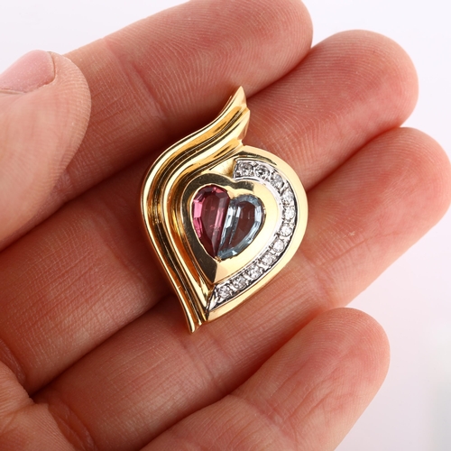 145 - A modern aquamarine pink tourmaline and diamond heart pendant, unmarked gold settings, pendant heigh... 