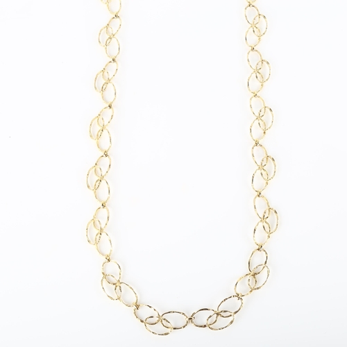 147 - A late 20th century 9ct gold abstract hoop necklace, textured design, necklace length 60cm, 29g