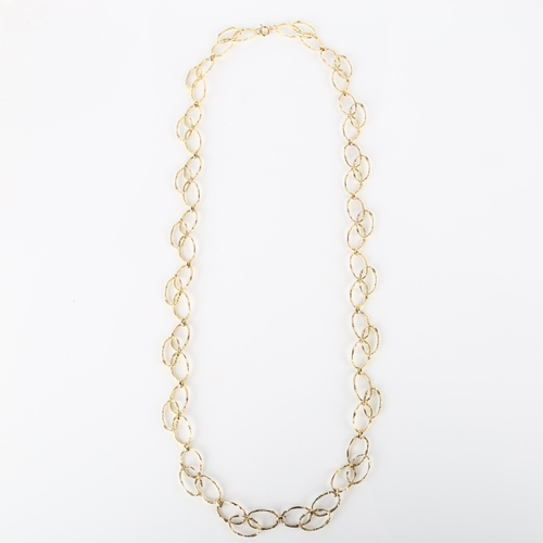 147 - A late 20th century 9ct gold abstract hoop necklace, textured design, necklace length 60cm, 29g