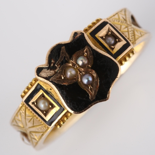 154 - A 9ct gold pearl, black enamel and hair mourning ring, with inset woven hair shank and central leaf ... 