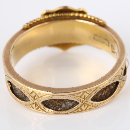 154 - A 9ct gold pearl, black enamel and hair mourning ring, with inset woven hair shank and central leaf ... 