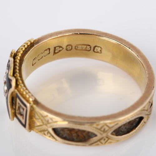 154 - A 9ct gold pearl, black enamel and hair mourning ring, with inset woven hair shank and central leaf ... 