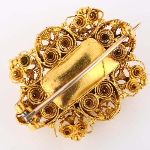 156 - A  Victorian Etruscan Revival brooch, unmarked gold settings with cannetille decoration, brooch leng... 