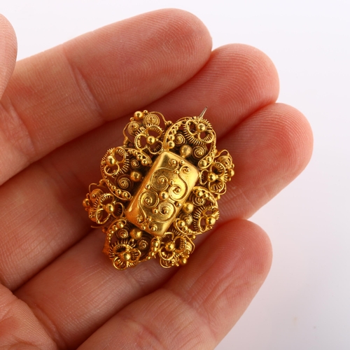 156 - A  Victorian Etruscan Revival brooch, unmarked gold settings with cannetille decoration, brooch leng... 