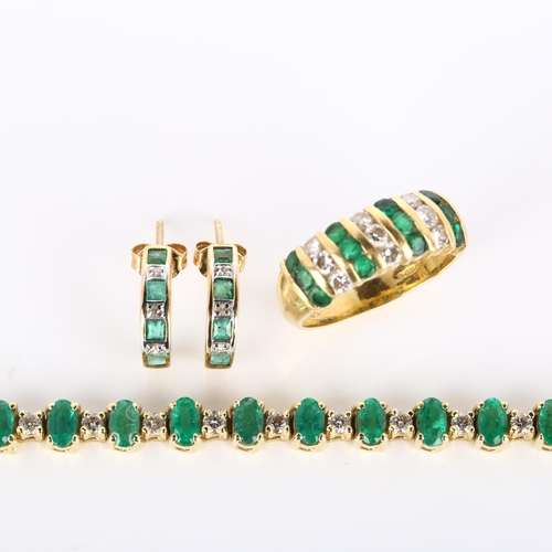 158 - A modern emerald and diamond demi-parure, comprising 18ct gold ring (5.3g), 14ct tennis line bracele... 