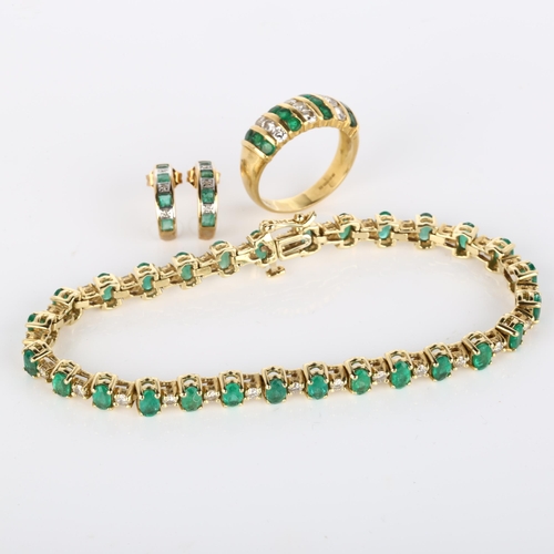 158 - A modern emerald and diamond demi-parure, comprising 18ct gold ring (5.3g), 14ct tennis line bracele... 