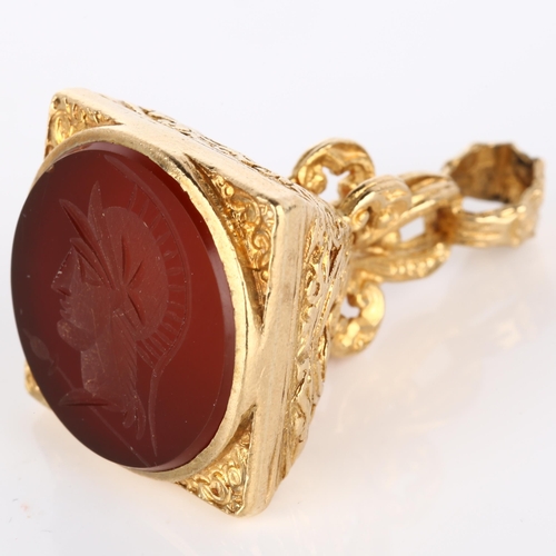 164 - A mid-20th century 9ct gold carnelian seal fob, intaglio carved depicting head of Centurion, in pier... 