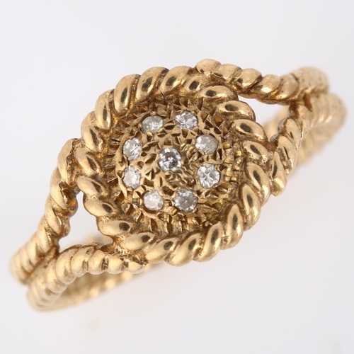 166 - A 1970s 9ct gold diamond cluster ring, textured rope twist design set with single-cut diamonds, by G... 