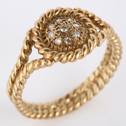 166 - A 1970s 9ct gold diamond cluster ring, textured rope twist design set with single-cut diamonds, by G... 