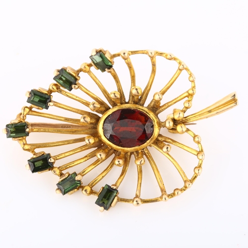 167 - A 1950s 9ct gold green tourmaline and garnet leaf brooch, openwork settings, maker's marks AD, hallm... 