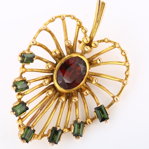 167 - A 1950s 9ct gold green tourmaline and garnet leaf brooch, openwork settings, maker's marks AD, hallm... 