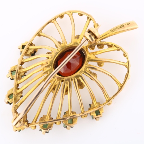 167 - A 1950s 9ct gold green tourmaline and garnet leaf brooch, openwork settings, maker's marks AD, hallm... 