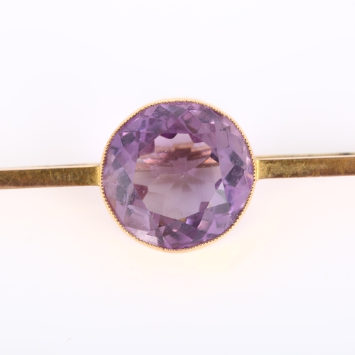 169 - A 19th century 9ct gold amethyst bar brooch, set with large round-cut amethyst, amethyst measures 14... 