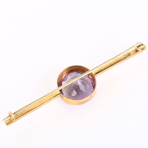 169 - A 19th century 9ct gold amethyst bar brooch, set with large round-cut amethyst, amethyst measures 14... 