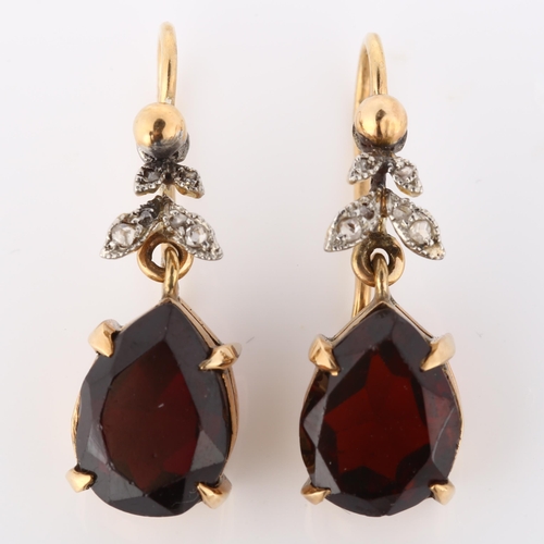 170 - A pair of early 20th century garnet and diamond drop earrings, unmarked gold settings with pear-cut ... 