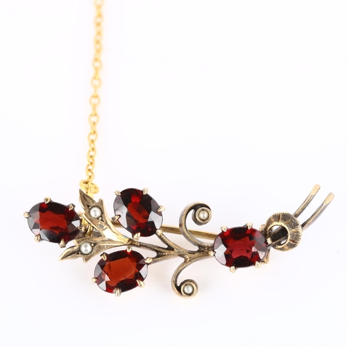 171 - A mid-20th century garnet and pearl floral spray brooch, unmarked gold settings, length 42mm, 4.1g