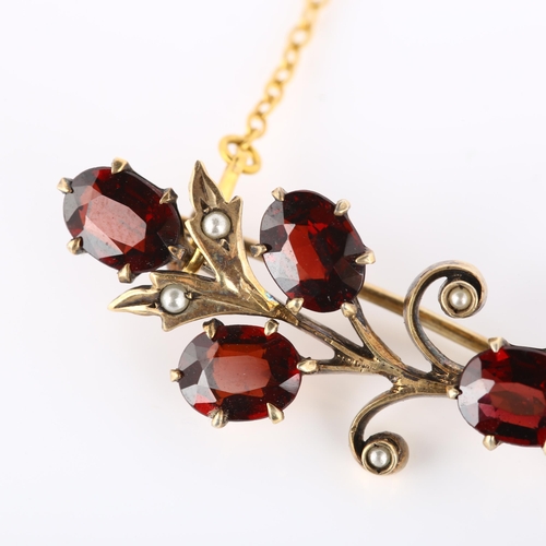 171 - A mid-20th century garnet and pearl floral spray brooch, unmarked gold settings, length 42mm, 4.1g