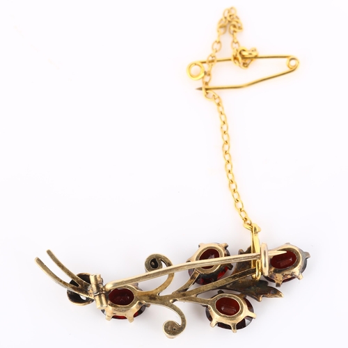 171 - A mid-20th century garnet and pearl floral spray brooch, unmarked gold settings, length 42mm, 4.1g