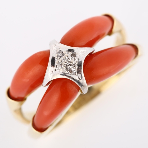 172 - A Continental 14ct gold coral and diamond dress ring, setting height 9.2mm, size O, 6.6g