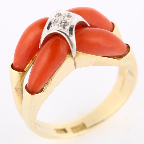 172 - A Continental 14ct gold coral and diamond dress ring, setting height 9.2mm, size O, 6.6g