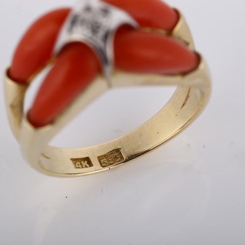 172 - A Continental 14ct gold coral and diamond dress ring, setting height 9.2mm, size O, 6.6g