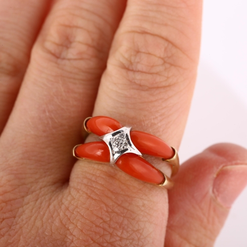 172 - A Continental 14ct gold coral and diamond dress ring, setting height 9.2mm, size O, 6.6g