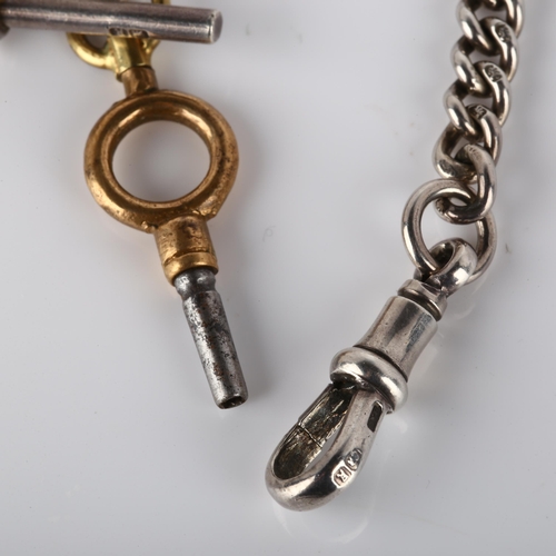 181 - An early 20th century silver curb link Albert chain necklace, with T-bar and 2 dog clips, hallmarks ... 