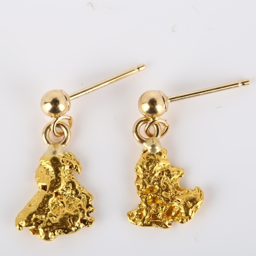 187 - A pair of gold nugget drop earrings, with 14ct stud fittings, earring height 16.5mm, 1.7g